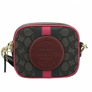 【COACH】撞色織布斜背相機包-黑灰紅條