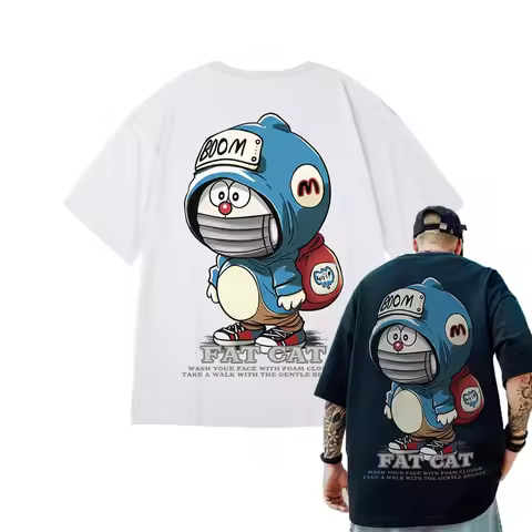 M-8XL Men T-Shirt Oversized Loose Fashion American Vintage Mask Kitty Print T-Shirt Simple Casual To