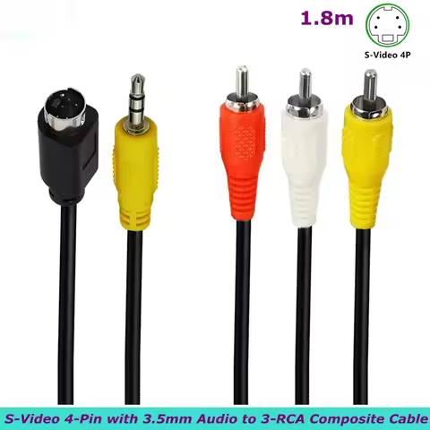 180cm S-Video 4Pin with 3.5mm Audio To 3 X RCA Composite Cable PC To TV Video & 3.5mm Audio To Compo