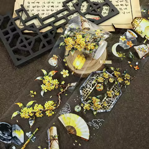 7cm*2m/Roll Vintage Osmanthus Floral PET Tape Chinese Watercolor Osmanthus Decorative Tape For Stick