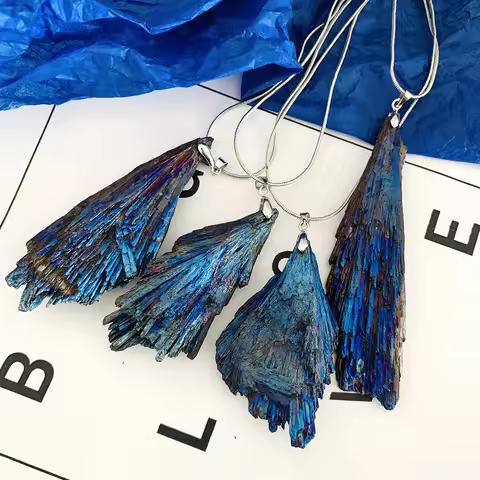Electroplated Natural irregular Blue Tourmaline Kyanite Stone Feather Pendant Random Shaped for Neck