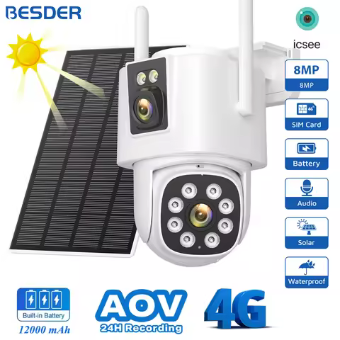 BESDER 4G Solar Camera SIM Card 8MP Dual Lens AOV 24/7 Video Record with Battery Human Detect CCTV S