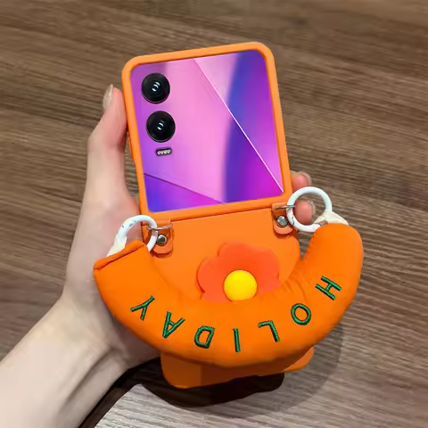 Cute 3D Flower Orange Color Phone Case with Cotton-Filled Hand-held for Infinix Zero Flip Tecno Phan