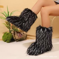 Mid-Tube Fox Fur Boots - Warm Flat Heel Snow Boots