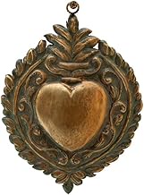 Ex-Voto Gold Heart Antique Green Patina Metal Flame and Fresco 14 x 18 cm
