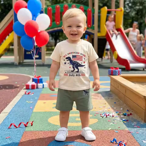 Toddler Kid Clothes Boy 4th of July Outfit Dinosaur American Flag Short Sleeve T-shirt Shorts Set Su