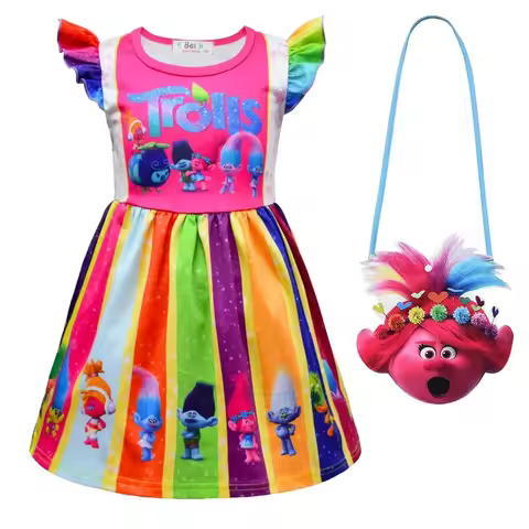 ♥ 2026 New Trolls Dress for Summer Cartoon ren Clothing Milk Silk Ruffle Sleeve Princess Dresses Bir