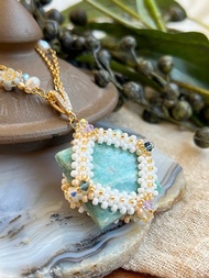 天河石 玻璃米珠x天然石 串珠吊墜 配 寶石鏈