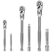 6pcs Flex Ratchet Set 1/4" 3/8" 1/2" Drive 180° Adjustable Swivel Ratchet Wrench with Extension Bar 