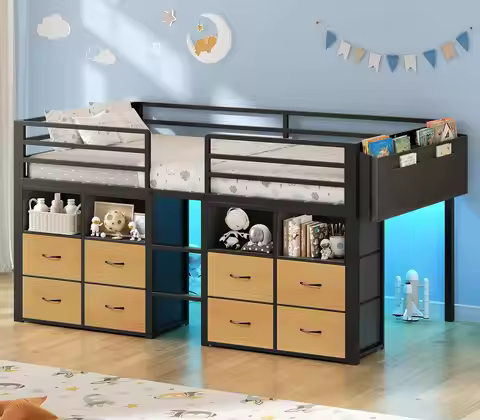 Low Loft Bed Twin Size with 8 Storage Drawers, Twin Loft Bed with Bookcase and LED Lights, Metal Kid