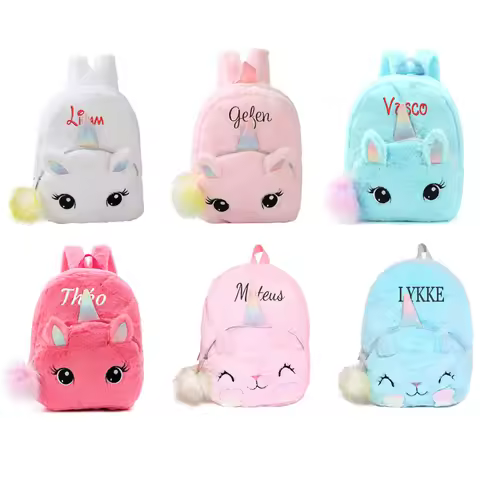 New Custom Embroidered Plush Backpack Personalized Name Kindergarten Unicorn Baby Girls Boys Shoulde