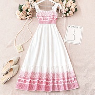 WYWH Holiday ชุดเดรสทรงเอผูกเอวคอสี่เหลี่ยมปักลายผู้หญิงพร้อมดอกไม้หลากสี