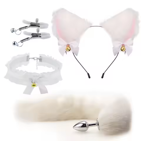 SM Cute Fox Tail Anal Plug Bow Knot Cat Ears Headband Collar BDSM Cosplay Accessory For Adult Men Wo