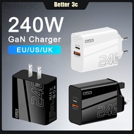 240W Dual Ports GaN Phone Charger Power Adapter USB+Type C Fast Charger EU/US/UK Plug Wall Charger W