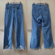 DENIM BY JIHOO DENIM 藍色牛仔闊腳長褲 小破爛 小流蘇設計 (27吋腰圍)