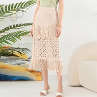 ◘ Aiden001 0152 Average Size Skirt Womens Summer Elastic Waist Tassel Burnt Flowers Bag Hip Pleated 