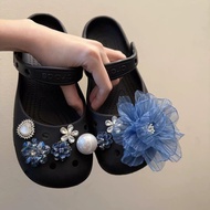 Fog Blue Floral Gauze Ballet Shoes with DIY Decorative Buckle