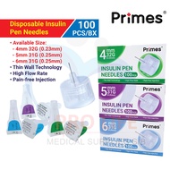 Primes Disposable Insulin Pen Needles 4mm 32G / 5mm 31G / 6mm 31G 100pcs/per box