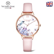 VICTORIA HYDE London นาฬิกากันน้ำสำหรับผู้หญิงนาฬิกาทองคำสีกุหลาบทรงกลมพิมพ์ลายดอกไม้แท้หนังแท้และสเ