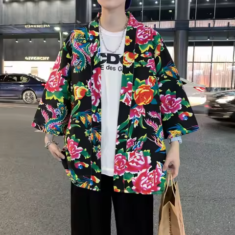 Chinese Retro Peony Flower Cardigan Woman Yukata Kimono Coat Harajuku Hanfu Streetwear Man Beach Sam