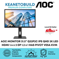 AOC MONITOR 31.5" INCH Q32P2C IPS QHD 2K LED HDMI 1.4 x 2 DP 1.2 x 1 HAS PIVOT VESA KVM