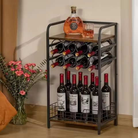 3-Tier Wine Bar Table: Small Liquor Bottle Holder with 8-Bottle Wine Rack Mini Wine Bar Cabinet Corn