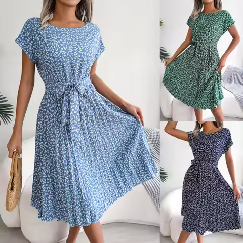 Gaun Berlipat Floral Wanita Gaun Midi Perban Ruched Lengan Pendek Leher-o Kasual Musim Panas Gaun Bo