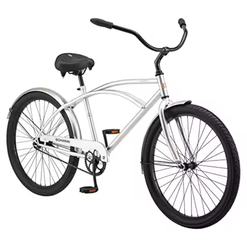Beach cruiser bike for adults, steel frame, navy blue, comfortable padded seat and upright riding po