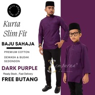 ◆ WARNA DARK PURPLE ◆ KURTA SLIM FIT KAIN COTTON / BAJU KURTA RAYA SEPASANG DEWASA & BUDAK BAJU SAHA