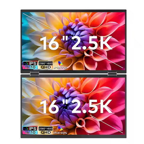 SRGB 100% QHD Foldable Monitor 16 Inch Dual Monitor with Type-C & HD Port Placed on the Desk Portabl