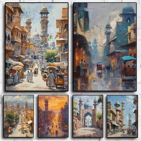 Watercolor Pakistan Cityscape Karachi Lahore Living Old City Market Travel Poster Canvas Painting Wa