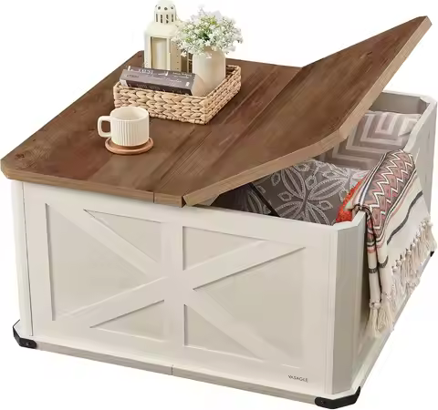 Farmhouse Coffee Table with Storage, Square Coffee Table for Living Room, Center Table with Flip-Top