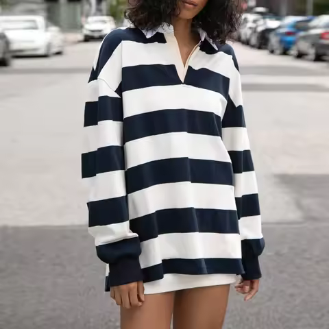 Gaono Women Rugby Shirt Vintage Long Sleeve Oversized Striped Shirt Y2k Lapel Collar Pullover Crop T