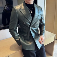 Dark Style Rubik's Cube Pattern High-Quality Korean Version Slim-Fit Leather Suit Suit Double-Breast