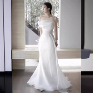French Line Shoulder Light Wedding Bride Sensen Simple Temperament White Dress Fishtail FC428