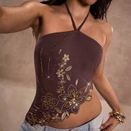 Women's Sequin Floral Embroidery Asymmetric Hem Halter Neck Top,Brown And Gold,Summmer,Y2k,Party Nig