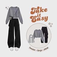 One Set 3in1 Trendy (Crop Sweater Wanita + Highwaist Cargo Pants + Bella Square Hijab) - KA144