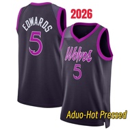 2026 Minnesota Timberwolves T-shirt # 5 Anthony Edwards Black City Edition Basketball Hot Pressed Je