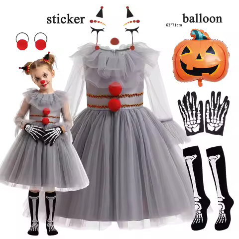 Girl Gray Joker Halloween Costume Dress Up Creepy Clown Kids Carnival Party Cosplay Children Vestido