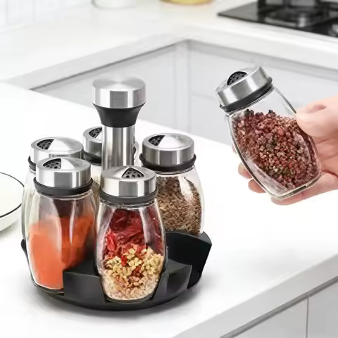 1/7Pcs Kitchen Rotating Glass Spice Jar Set Seasoning Salt Sugar Pepper Shakers Holder Storage Rack