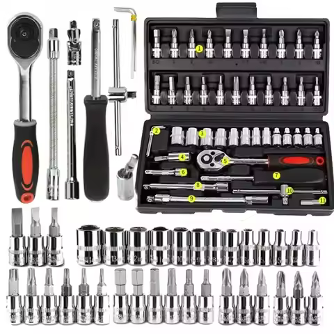 46pcs 1/4 Inch Drive Socket Set Ratchet Wrench Set Car Tool Kit, Bit Socket Wrench Set Metric Mechan