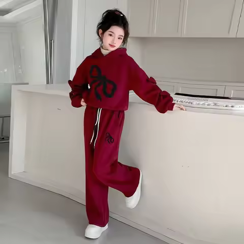 Fleece-lined Top & Pants 2-Piece Set Hoodies Bow Girls' Outfits Children's Clothing Korean Kids Clot