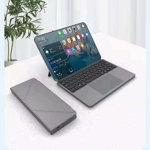 TTUSTOL Bluetooth wireless folding keyboard with touchpad leather cover bracket 64 keys suitable for