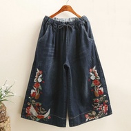 【มีไซส์ใหญ่】Plus Size Womens M-3XL Elastic Waist Wide Leg Summer Jeans Vintage Floral Embroidery 7/1