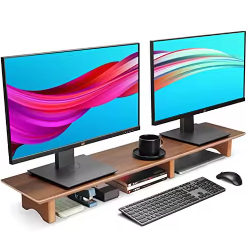Solid Wood Dual Monitor Stand Riser for Desk 43 Inch Computer Monitor Riser with Cork Legs Extra Lon