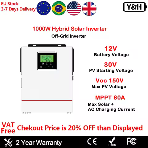 Y&H 1000W Solar Hybrid Inverter 12V AC230V Off-Grid Pure Sine Wave Inversor 80A MPPT Solar Charger,P