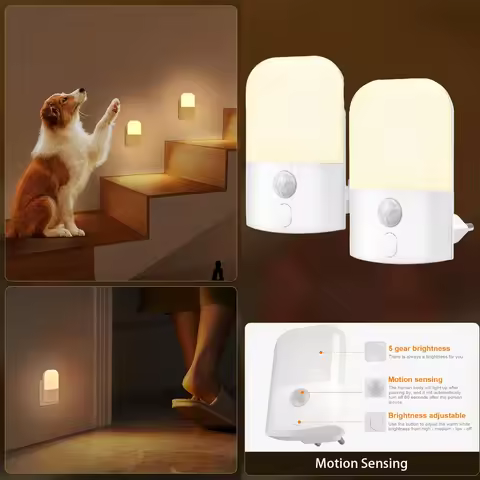 1/2pcs night light socket with motion detector,5 Adjustable brightness levels night light, ON/OFF/AU