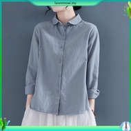 Lahstore Women's Loose Linen Shirt - Long Sleeves, Lotus Collar (Blue)