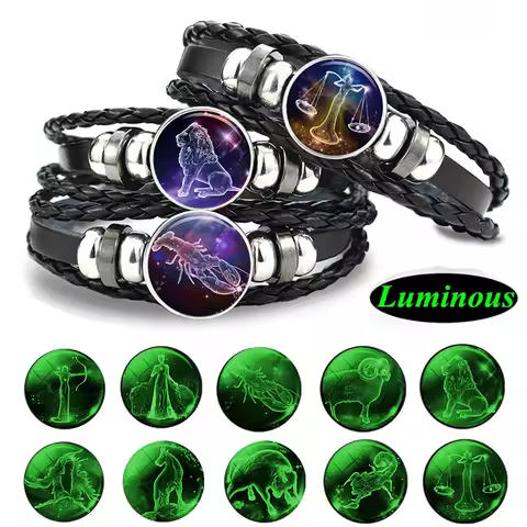 Gemini Leo Libra Scorpio Sagittarius 12 Constellation Luminous Bracelet Leather Bracelet Zodiac Char