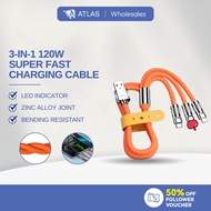 ATLAS 3 Dalam 1 120W 6A Kabel Silikon Cecair Caj Super Pantas Caj Cepat Kabel Pengecas USB Mikro Pen